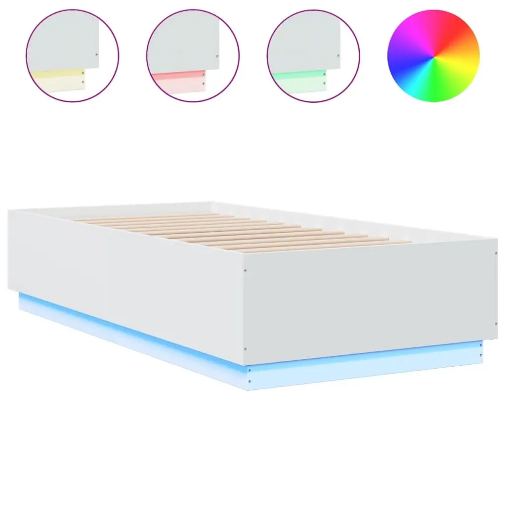 Bed Frame Engineered Wood 90x190 cm White Slatted Base RGB Lights