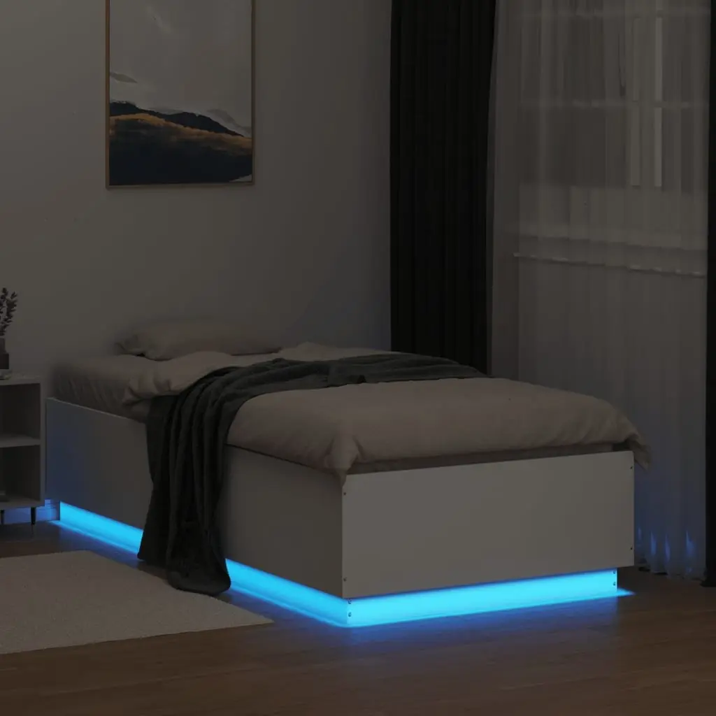 Bed Frame Engineered Wood 90x190 cm White Slatted Base RGB Lights