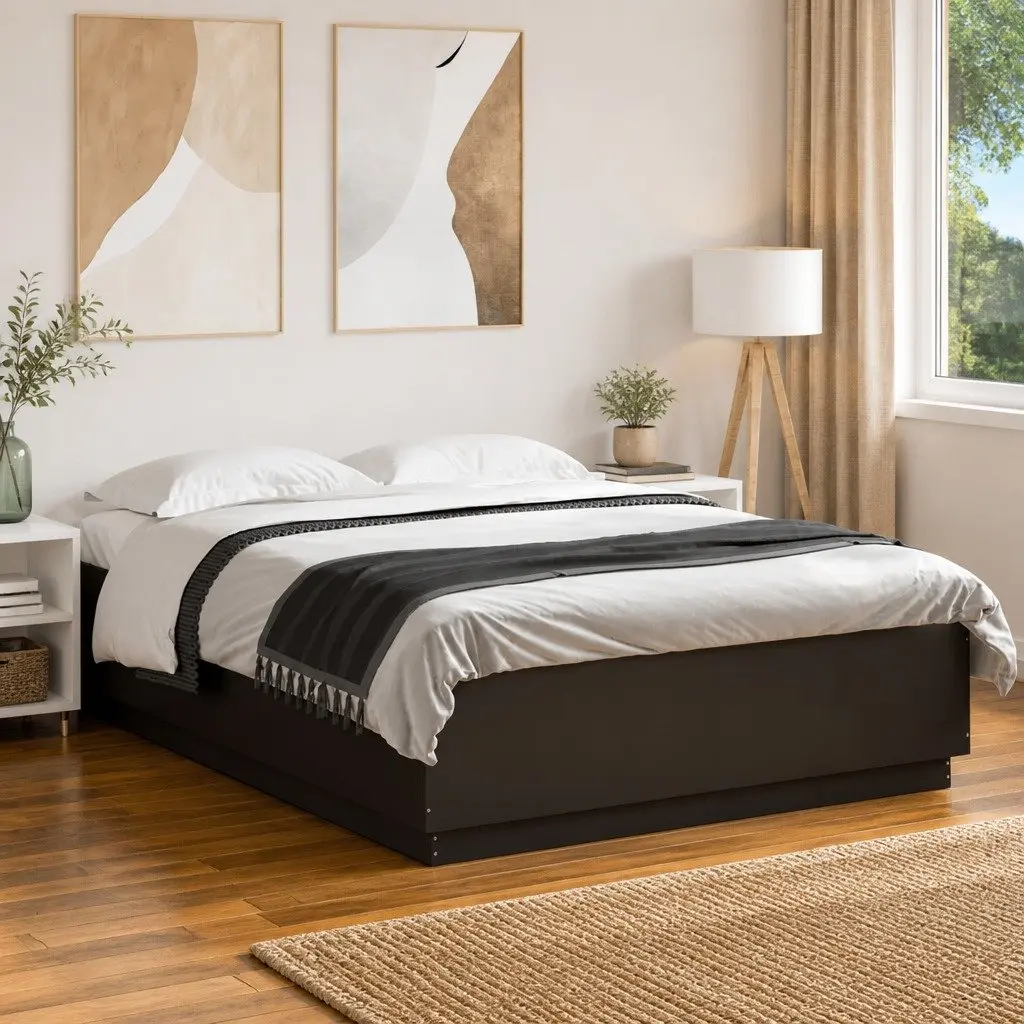 Black Queen Size Bed Frame with Slatted Base