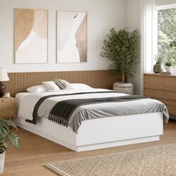 Bed Frame White 135x190 cm Modern Design Engineered Wood Plywood Slats Bedroom