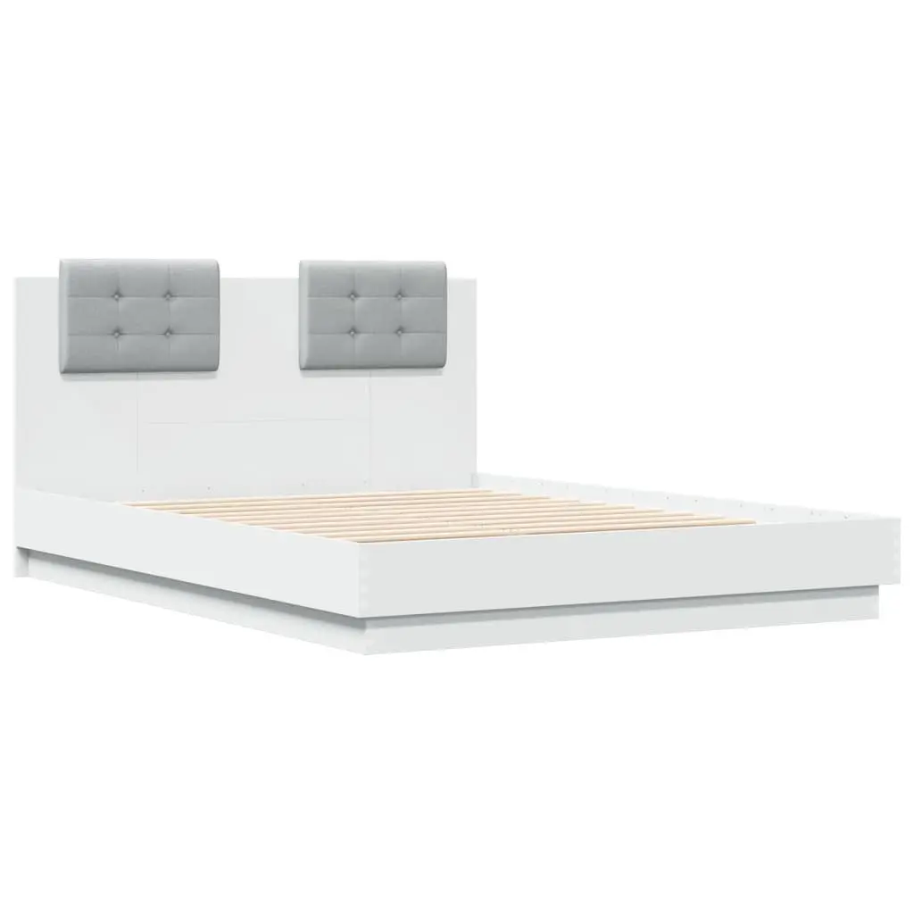 White Bed Frame with Headboard 135x190 cm Engineered Wood Slatted Base