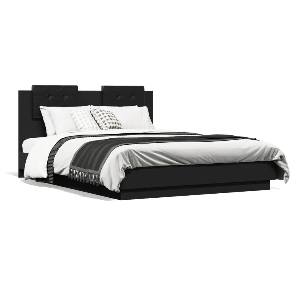 Bed Frame with Headboard Black 135x190 cm Engineered Wood Plywood Slats