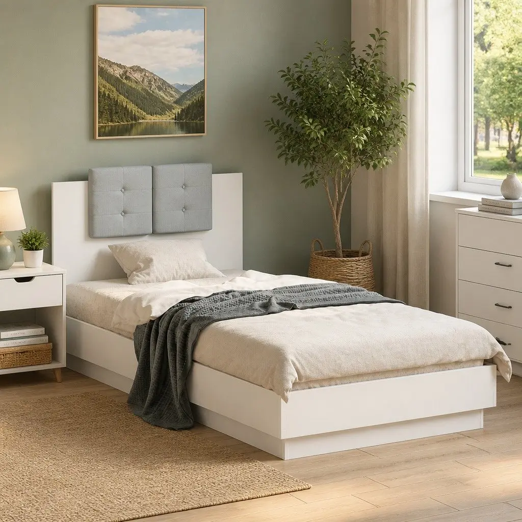 White Bed Frame 90x190 cm with Headboard