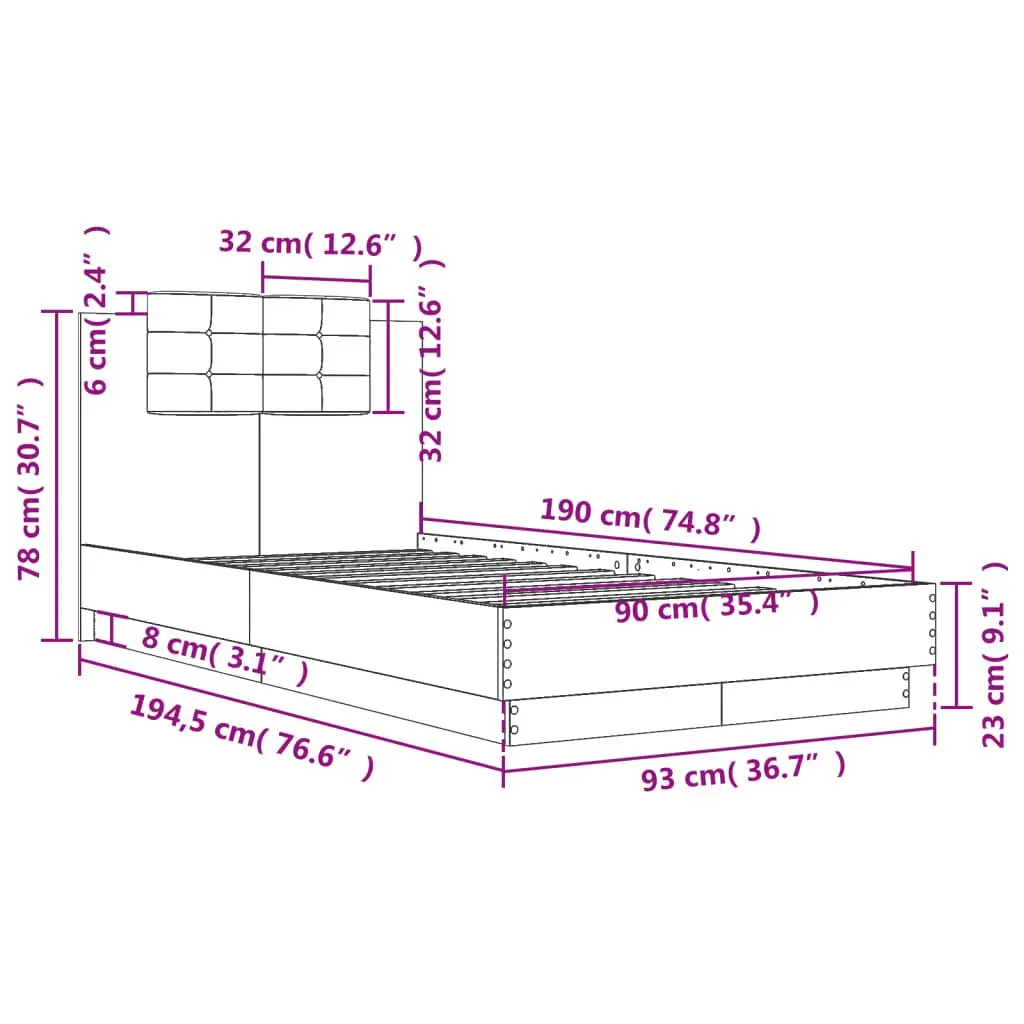 White Bed Frame 90x190 cm with Headboard