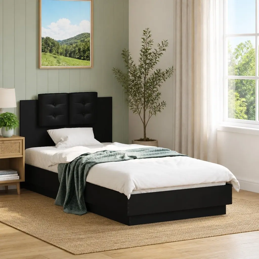 Black Bed Frame with Headboard 90x190 cm