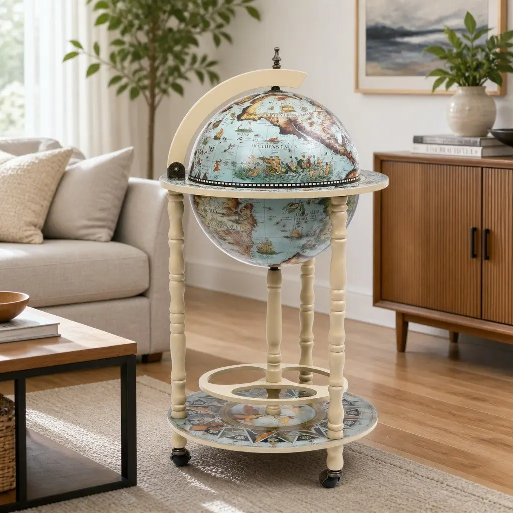 Globe Bar Stand Solid Wood Mobile Storage Blue