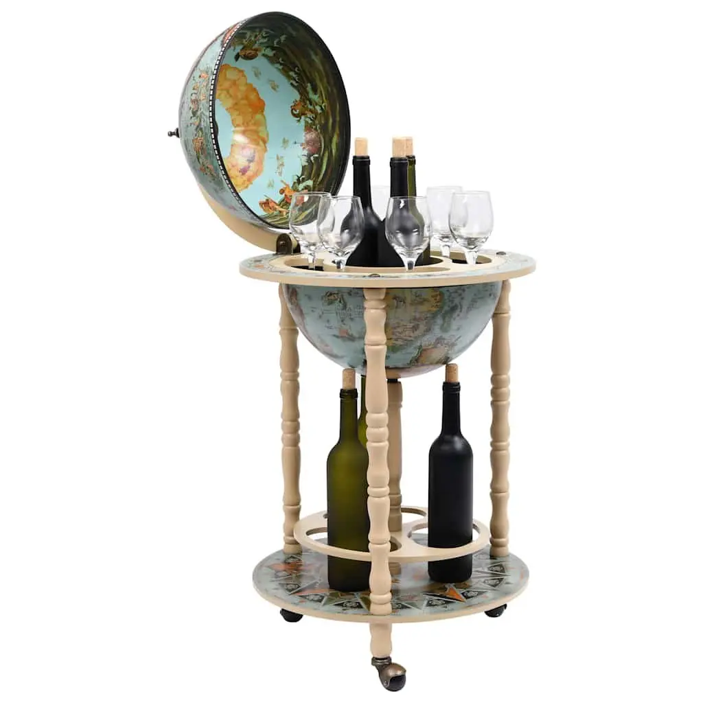 Globe Bar Stand Solid Wood Mobile Storage Blue