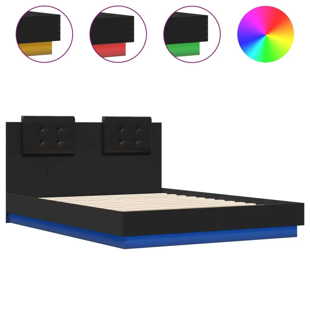 Bed Frame Engineered Wood 135x190cm Black RGB LED Lights