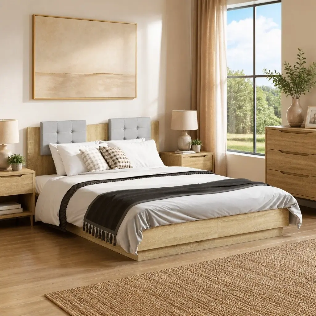 Brown Bed Frame with LED Lights Headboard