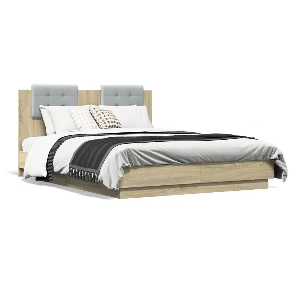 Brown Bed Frame with LED Lights Headboard