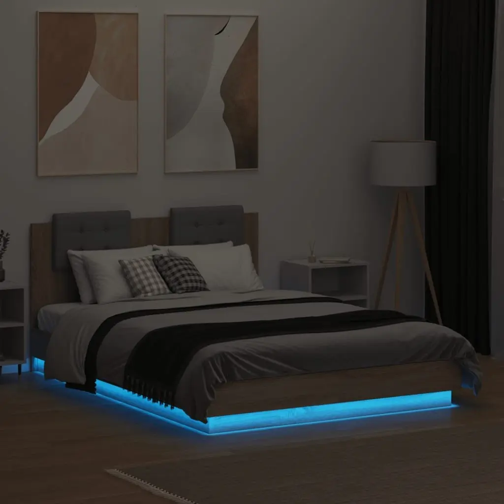 Brown Bed Frame with LED Lights Headboard