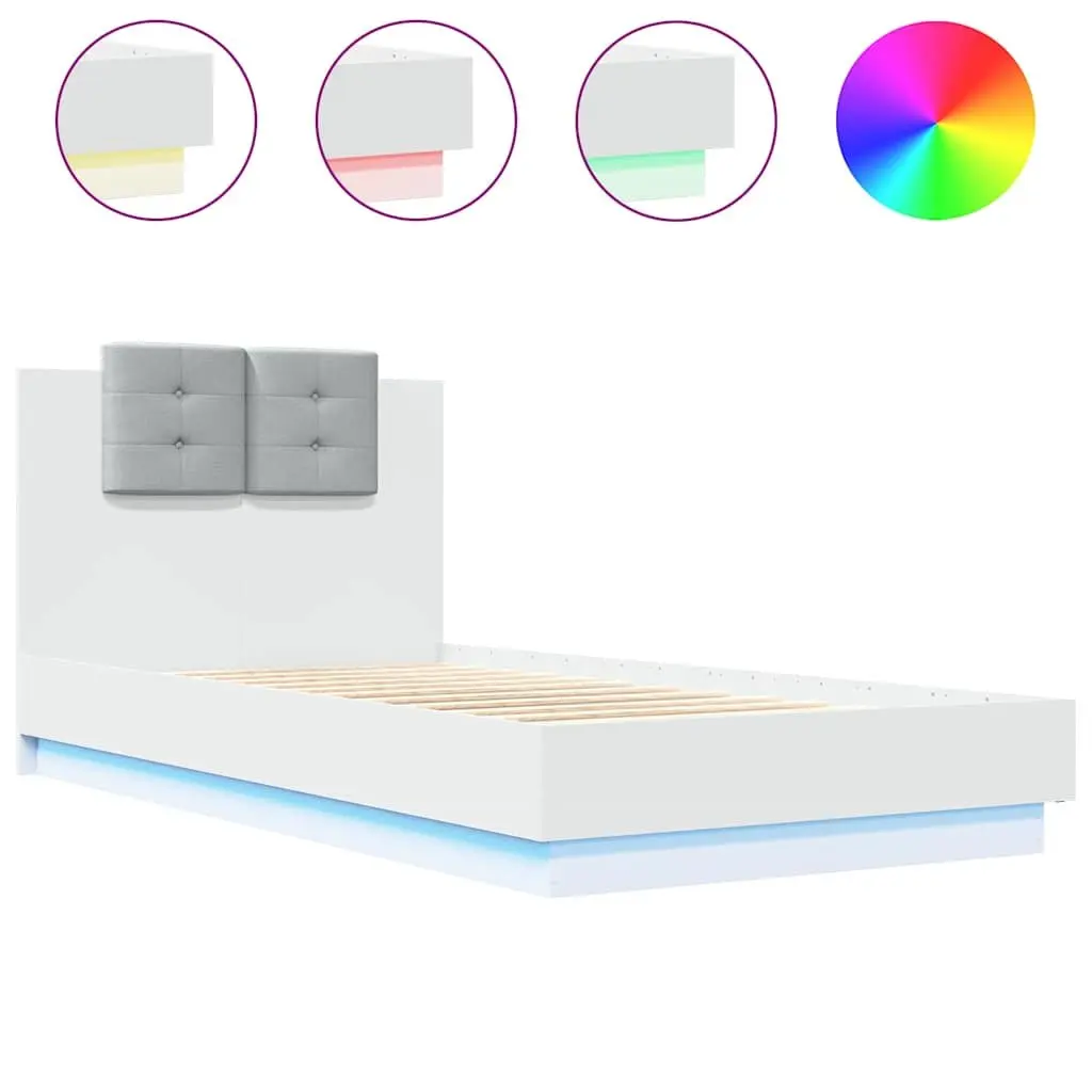 Bed Frame Engineered Wood 90x190 cm White RGB LED Lights Headboard