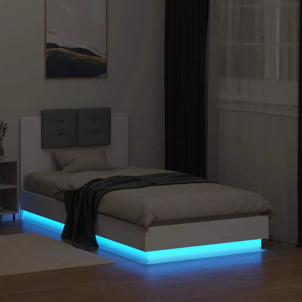Bed Frame Engineered Wood 90x190 cm White RGB LED Lights Headboard