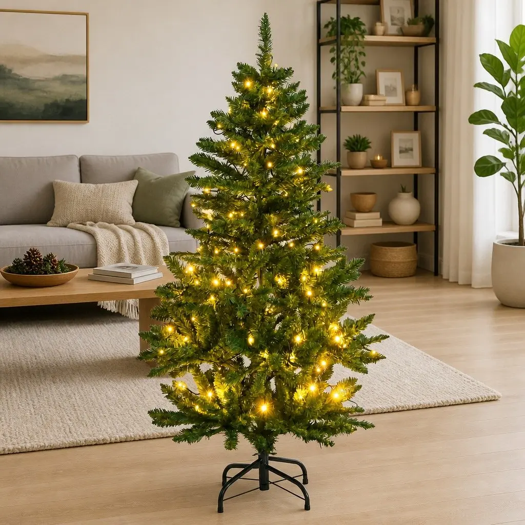 Artificial Christmas Tree Hinged 150cm Green Metal Stand 150 LEDs