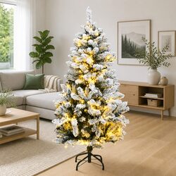 Artificial Hinged Christmas Tree 150cm 150 LEDs 8 Modes Flocked Snow Xmas Decor