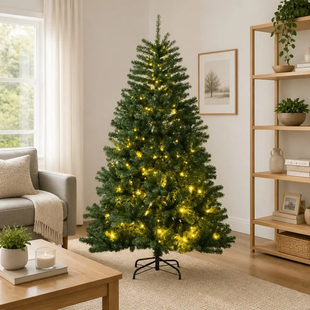 Artificial Christmas Tree Hinged 180cm Green Metal Stand 300 LED Lights
