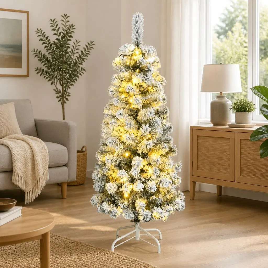 Artificial Christmas Tree Hinged 120cm Green Flocked Snow with 150 LEDs