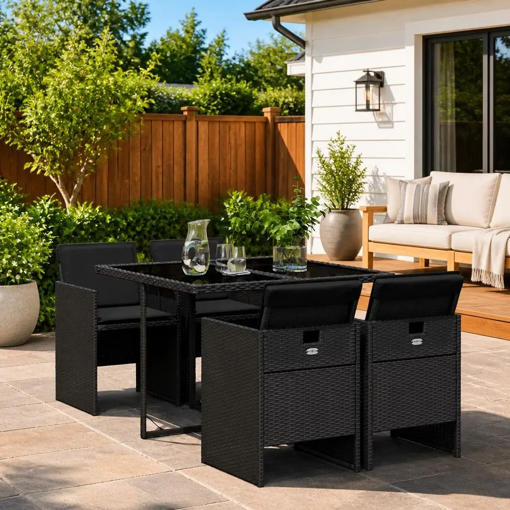 Garden Dining Set PE Rattan 5 Piece Black Outdoor Furniture Table Chairs