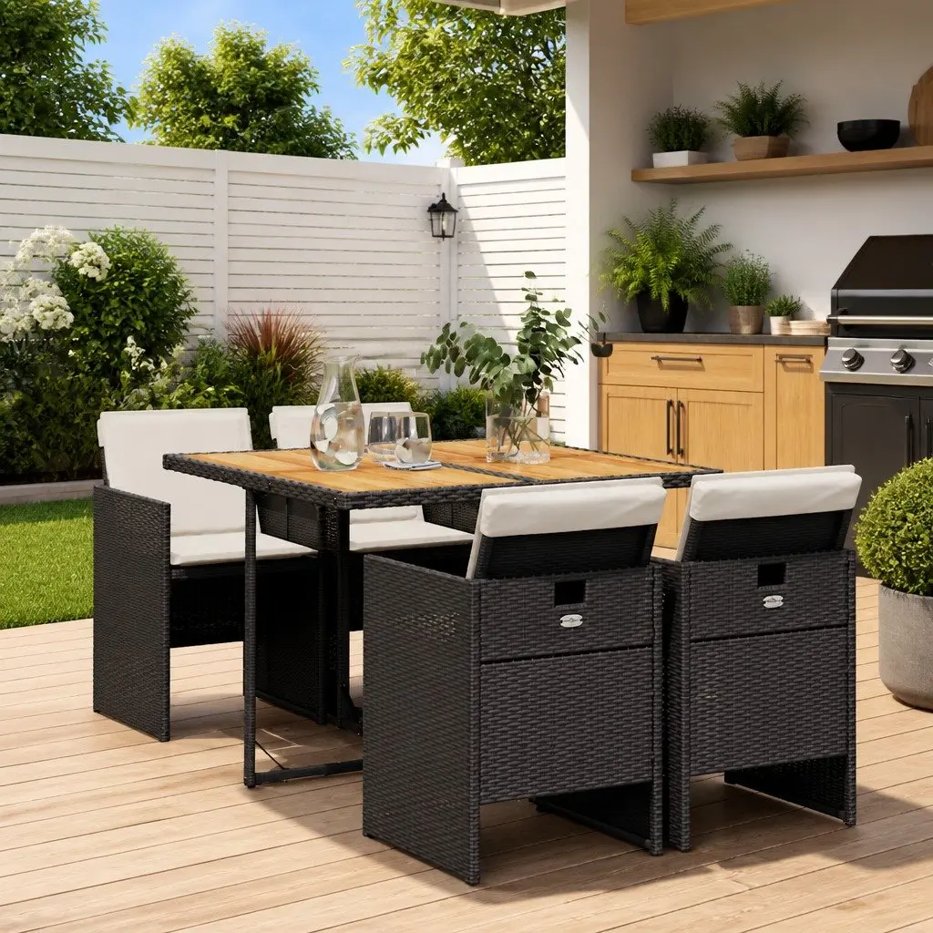 5 Piece Garden Dining Set PE Poly Rattan Acacia Wood Table Black