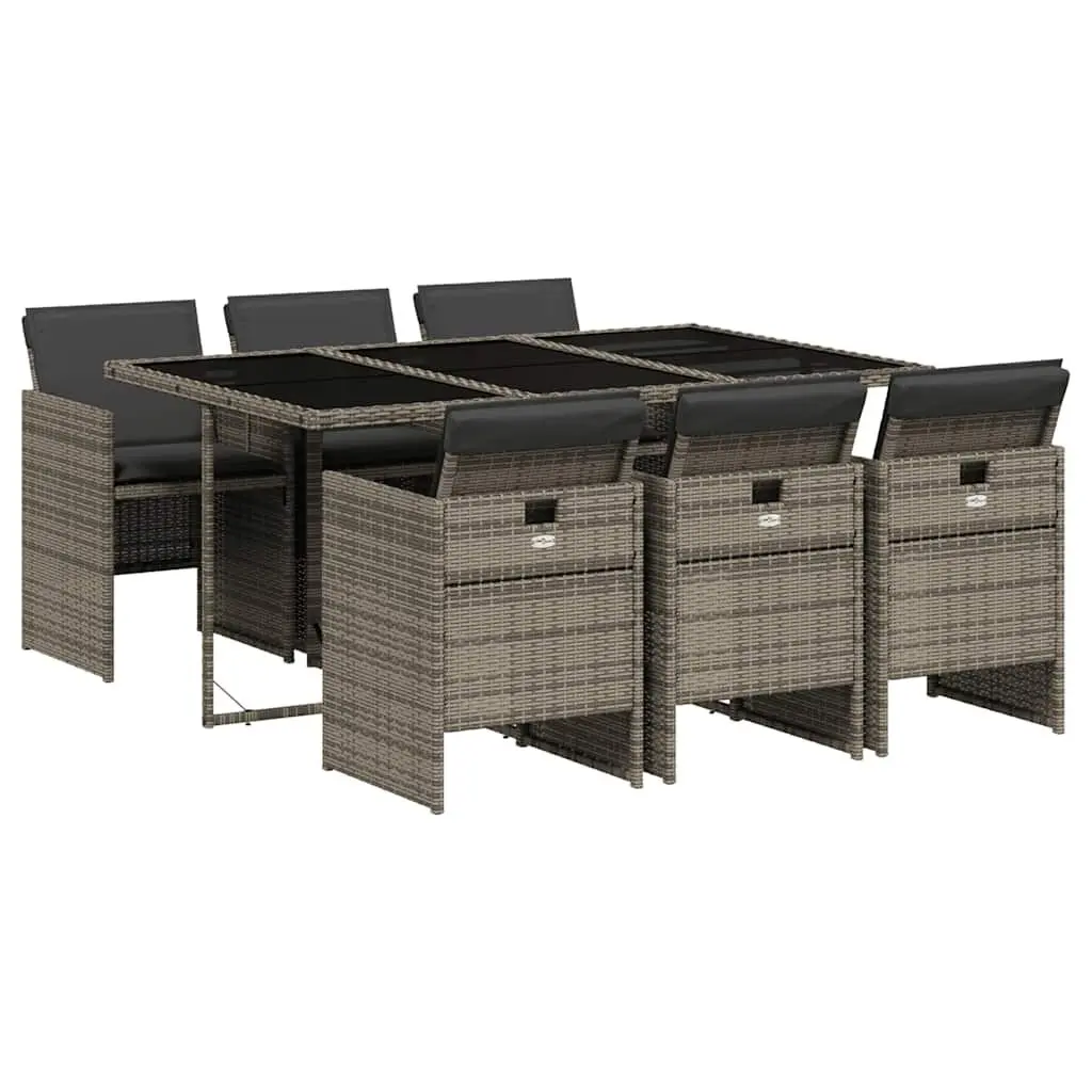 7 Piece Outdoor Dining Set Grey Poly Rattan Table with Cushions for Patio and Garden