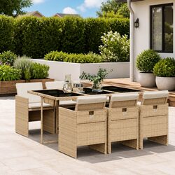 7 Piece Beige Patio Dining Set with Cushions and Glass Table