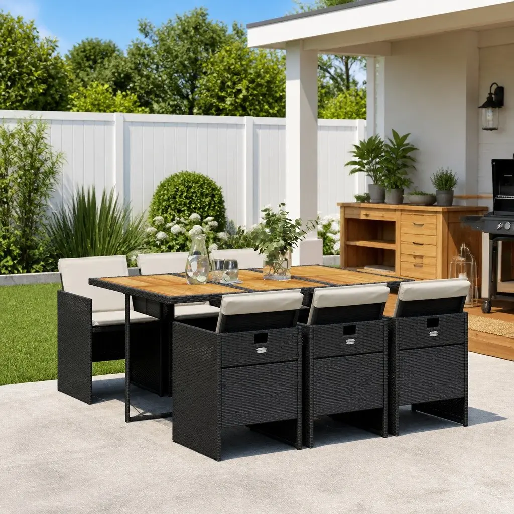 7 Piece Black Poly Rattan Outdoor Dining Set