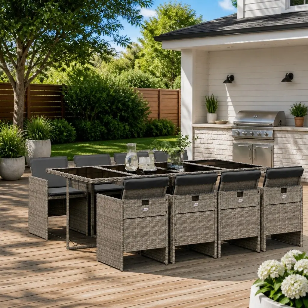 Garden Dining Set PE Rattan 9 Piece Grey Outdoor Furniture Table Chairs with Cushions