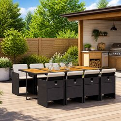 Durable 9 Piece Garden Dining Set with Black Rattan Chairs