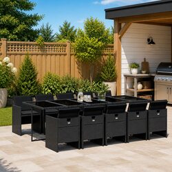 Durable 11 Piece Outdoor Dining Set with Black Rattan Chairs
