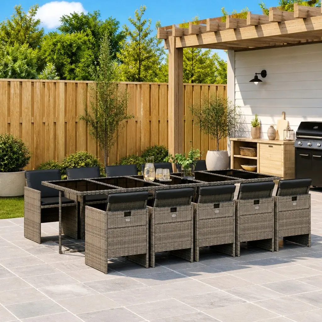 11 Piece Grey Garden Dining Set with Poly Rattan