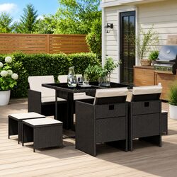 9 Piece Outdoor Dining Set with Cushions and Rattan Chairs