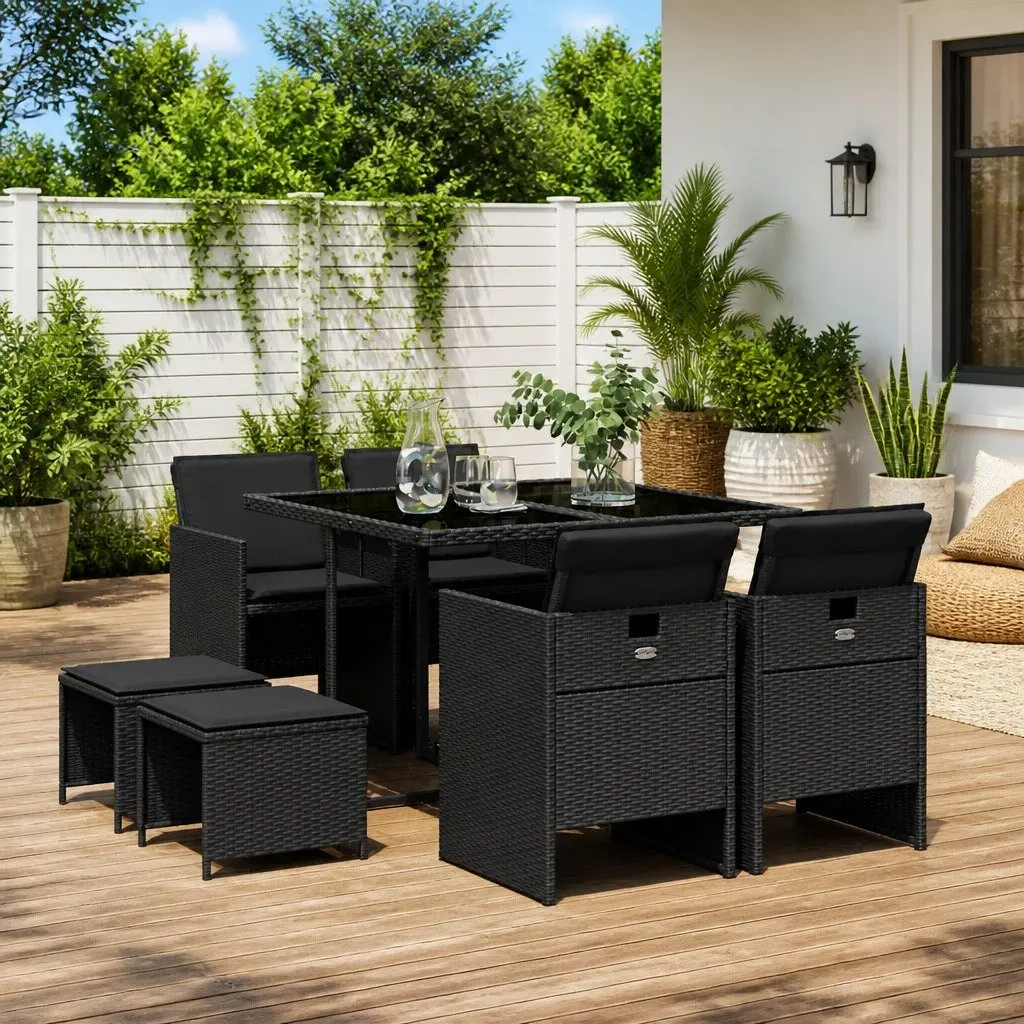 9 Piece Black Poly Rattan Outdoor Dining Set