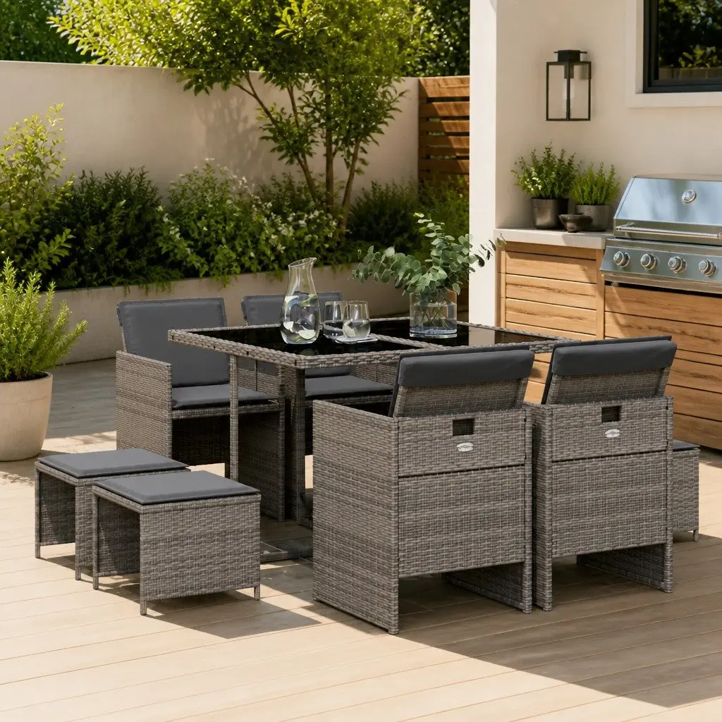 9 Piece Outdoor Dining Set PE Poly Rattan Grey Chairs Table