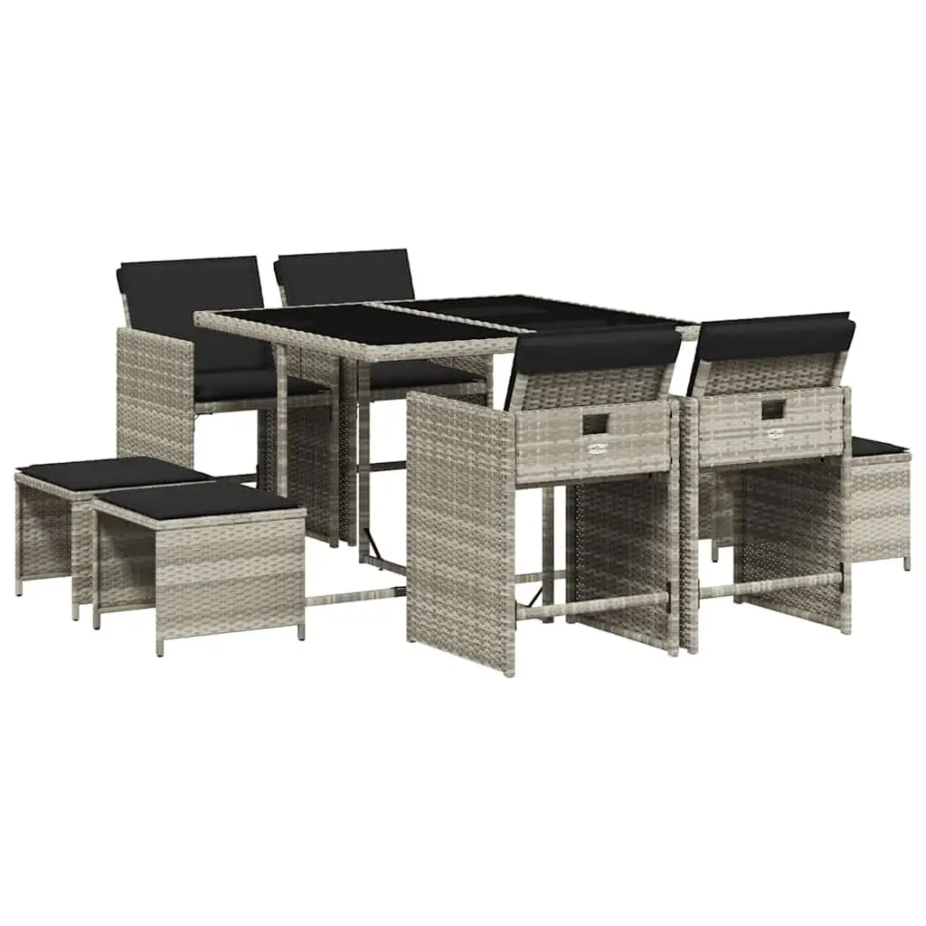 9 Piece Outdoor Garden Dining Set PE Rattan Grey Patio Table Chairs Cushions