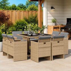 Durable 9 Piece Outdoor Dining Set with Beige Cushions and Glass Top