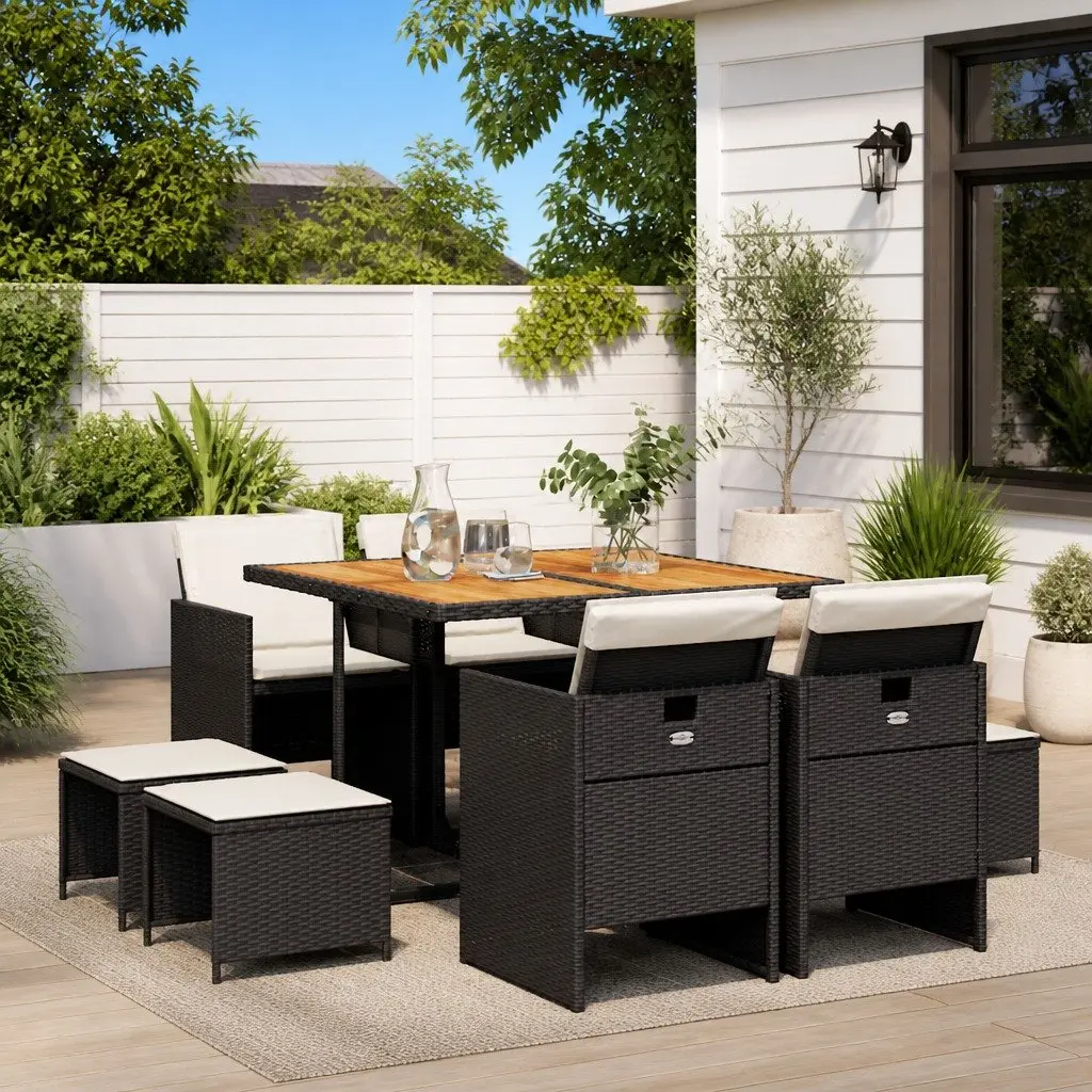 9 Piece Outdoor Dining Set PE Rattan Acacia Wood Table Black
