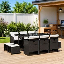 11-Piece Black Poly Rattan Garden Dining Set