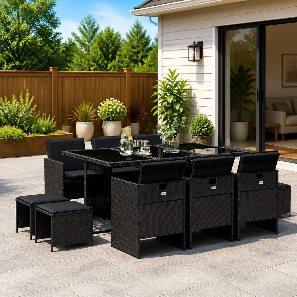 11 Piece Black Poly Rattan Garden Dining Set