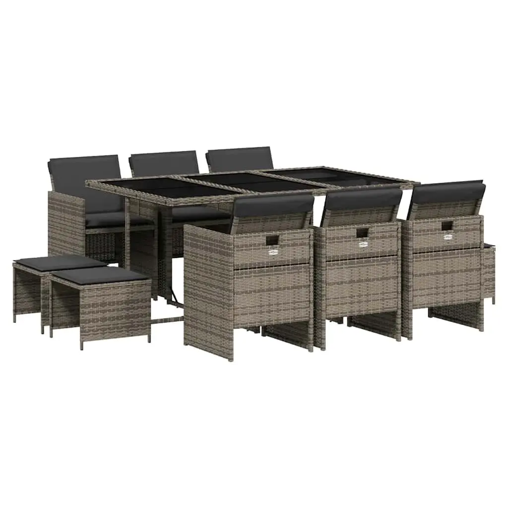 Garden Dining Set 11 Piece PE Rattan Grey Chairs Table with Cushions