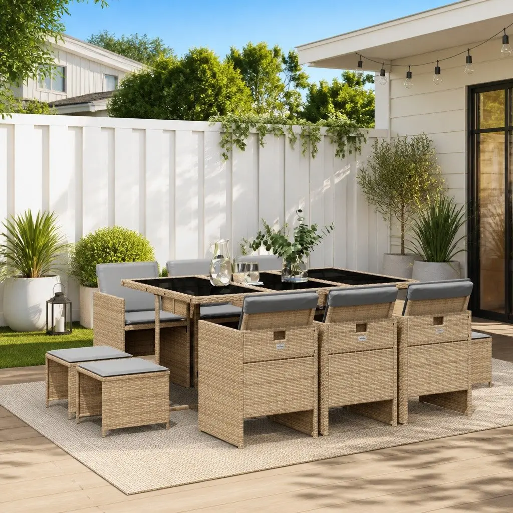 Beige Poly Rattan Garden Dining Set with Cushions