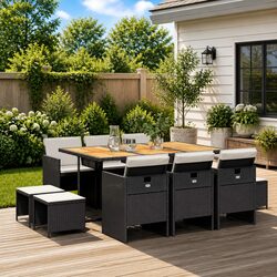 11 Piece Outdoor Dining Set with Black Rattan Chairs