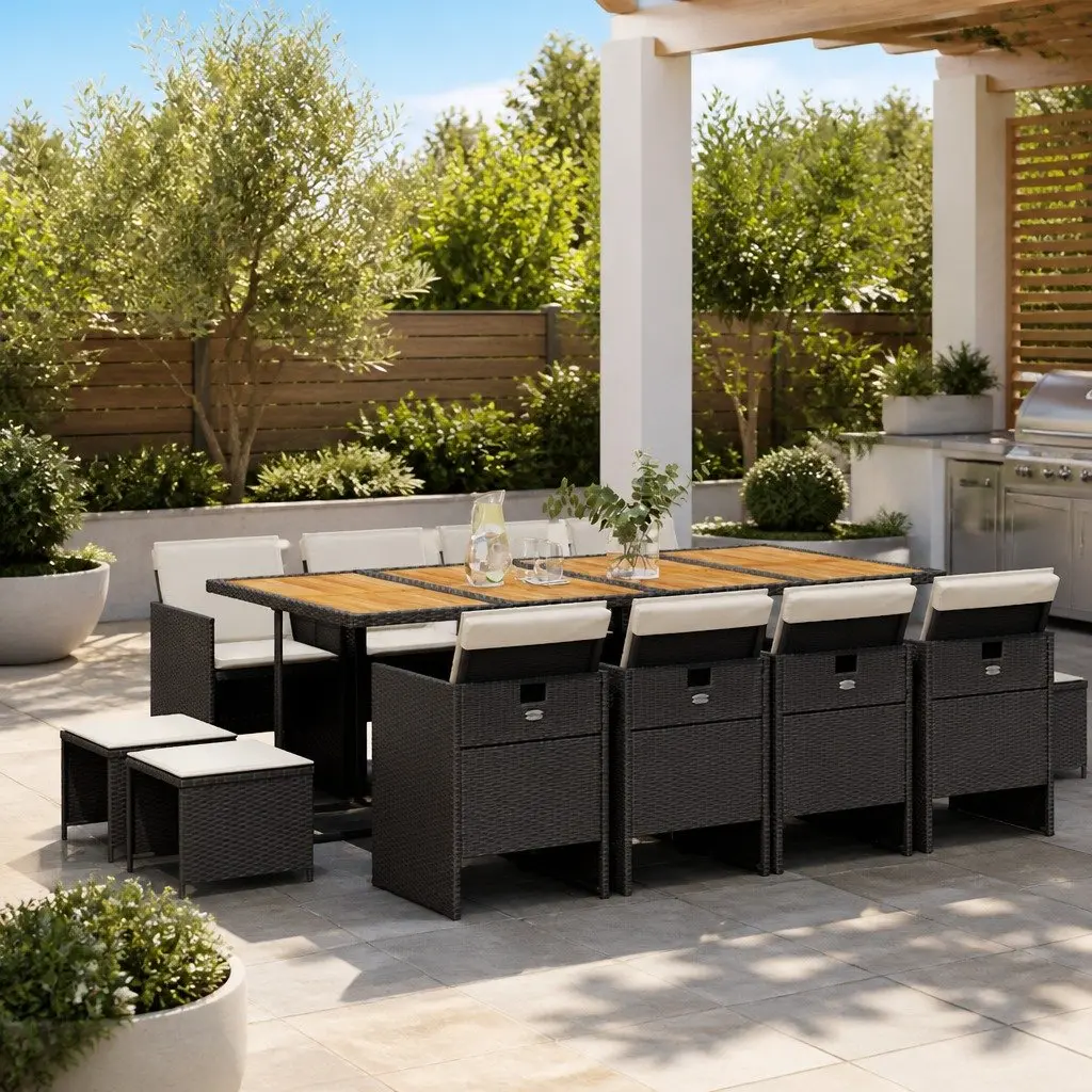 Outdoor Dining Set PE Rattan Acacia Wood Table Black 13 Piece