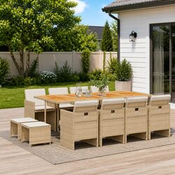 Premium Outdoor Dining Set 13 Piece in Beige Poly Rattan