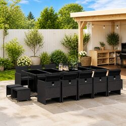 Durable 15-Piece Black Poly Rattan Garden Dining Set