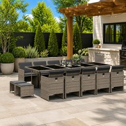 15-Piece Grey Poly Rattan Garden Dining Set with Cushions