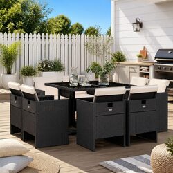 Durable 9 Piece Outdoor Dining Set with Black Poly Rattan