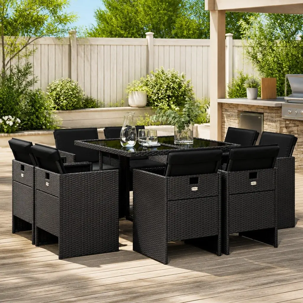 9-Piece Black Poly Rattan Garden Dining Set