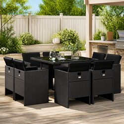 9-Piece Black Poly Rattan Garden Dining Set
