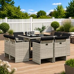 9 Piece Grey Poly Rattan Garden Dining Set with Table & Chairs