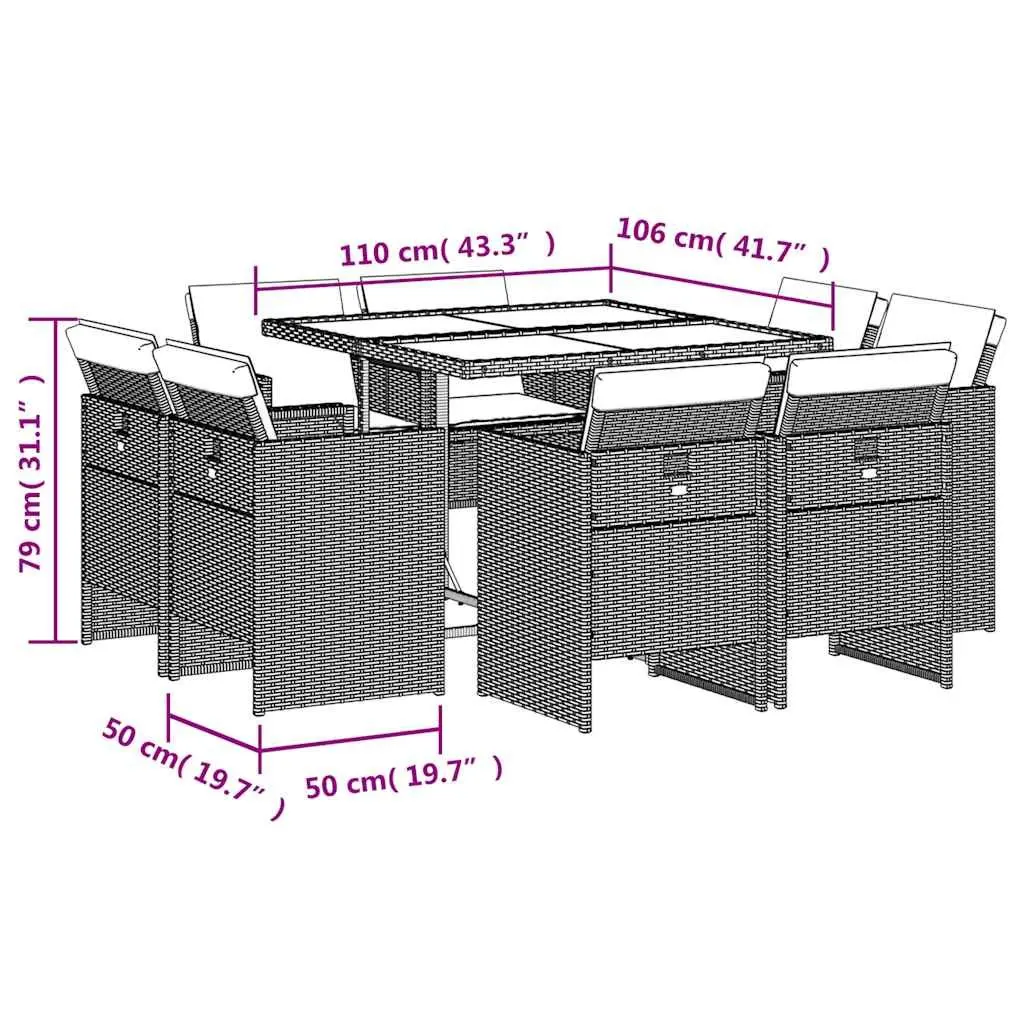 9 Piece Grey Poly Rattan Garden Dining Set with Table & Chairs